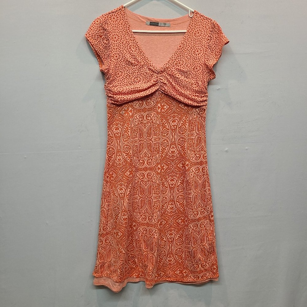 Athleta Dhara Paisley Dress Double Layer Burnout Mini Short Sleeve Orange